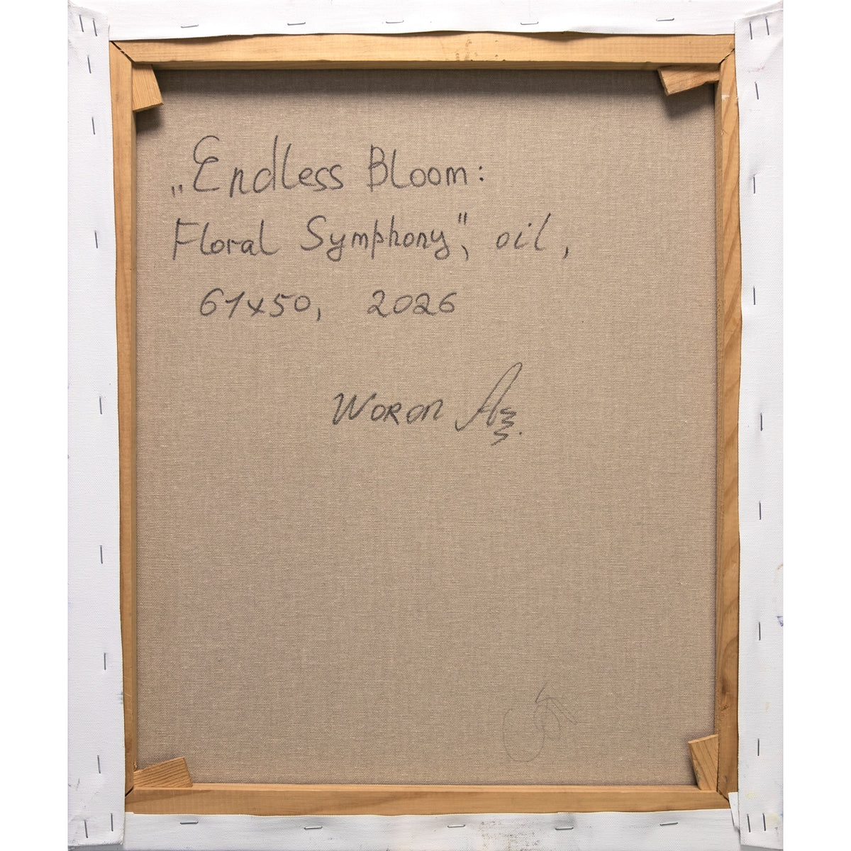 Reverso del original Endless Bloom: Floral Symphony con título, óleo, medidas 61 por 50 cm, 2026 y firma