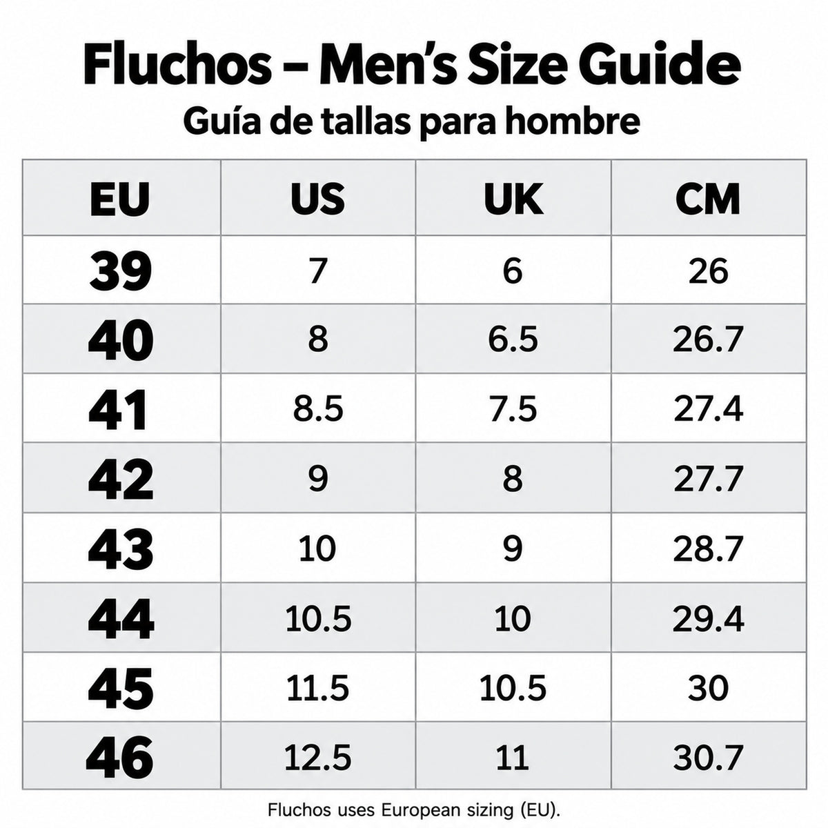 Guía de tallas Fluchos hombre EU US UK y centímetros
