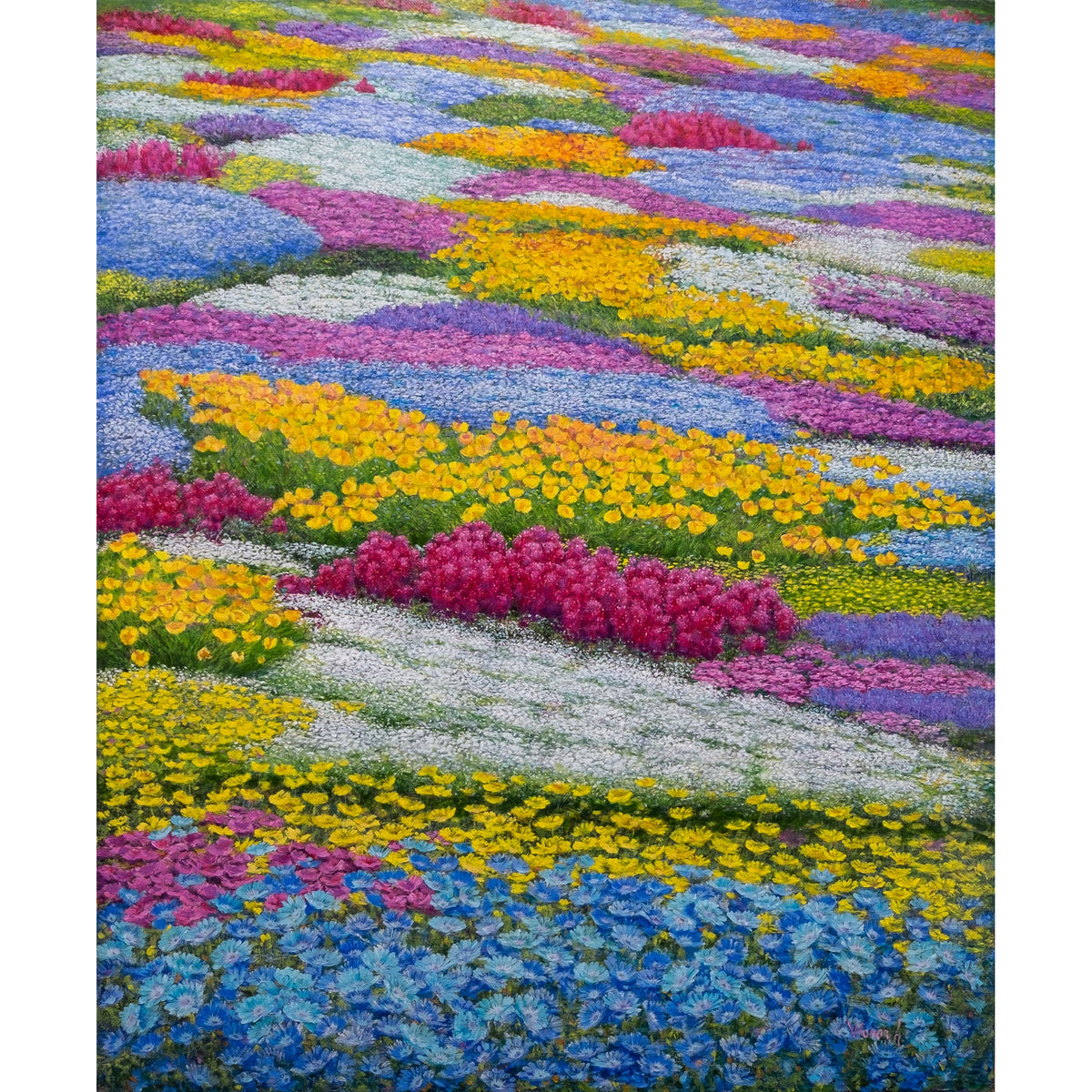 Vista completa de Endless Bloom: Floral Symphony, pintura floral original al óleo sobre lino de Anastasia Woron
