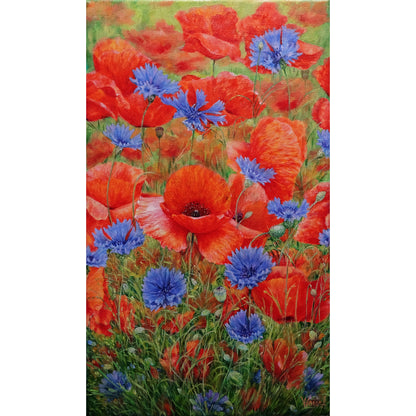 Anastasia Woron: "Poppies with Cornflowers" – Original Oil Painting 46x27 cm (2022)