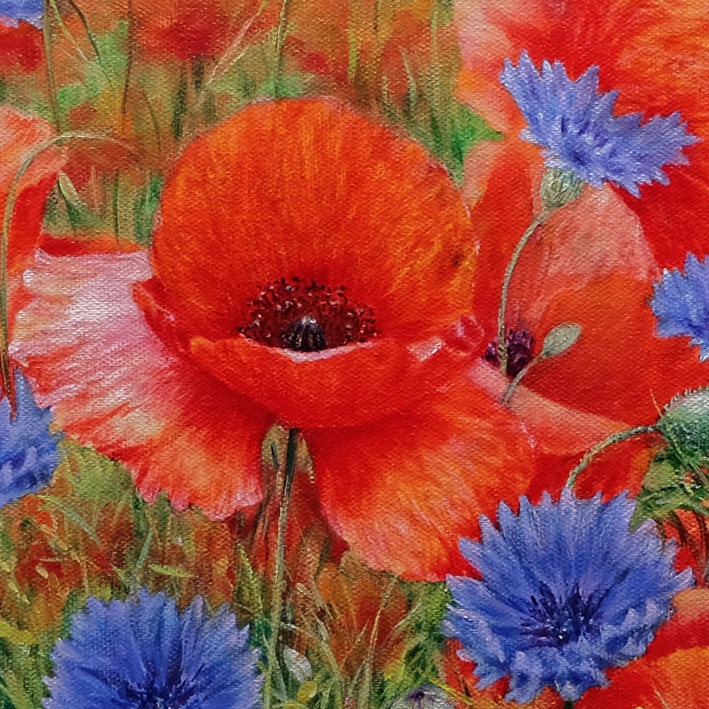 Anastasia Woron: "Poppies with Cornflowers" – Original Oil Painting 46x27 cm (2022)
