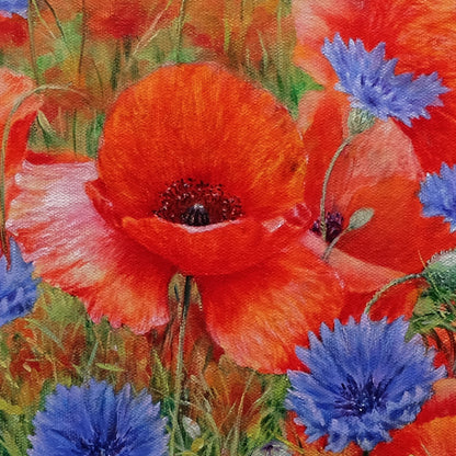 Anastasia Woron: "Poppies with Cornflowers" – Original Oil Painting 46x27 cm (2022)