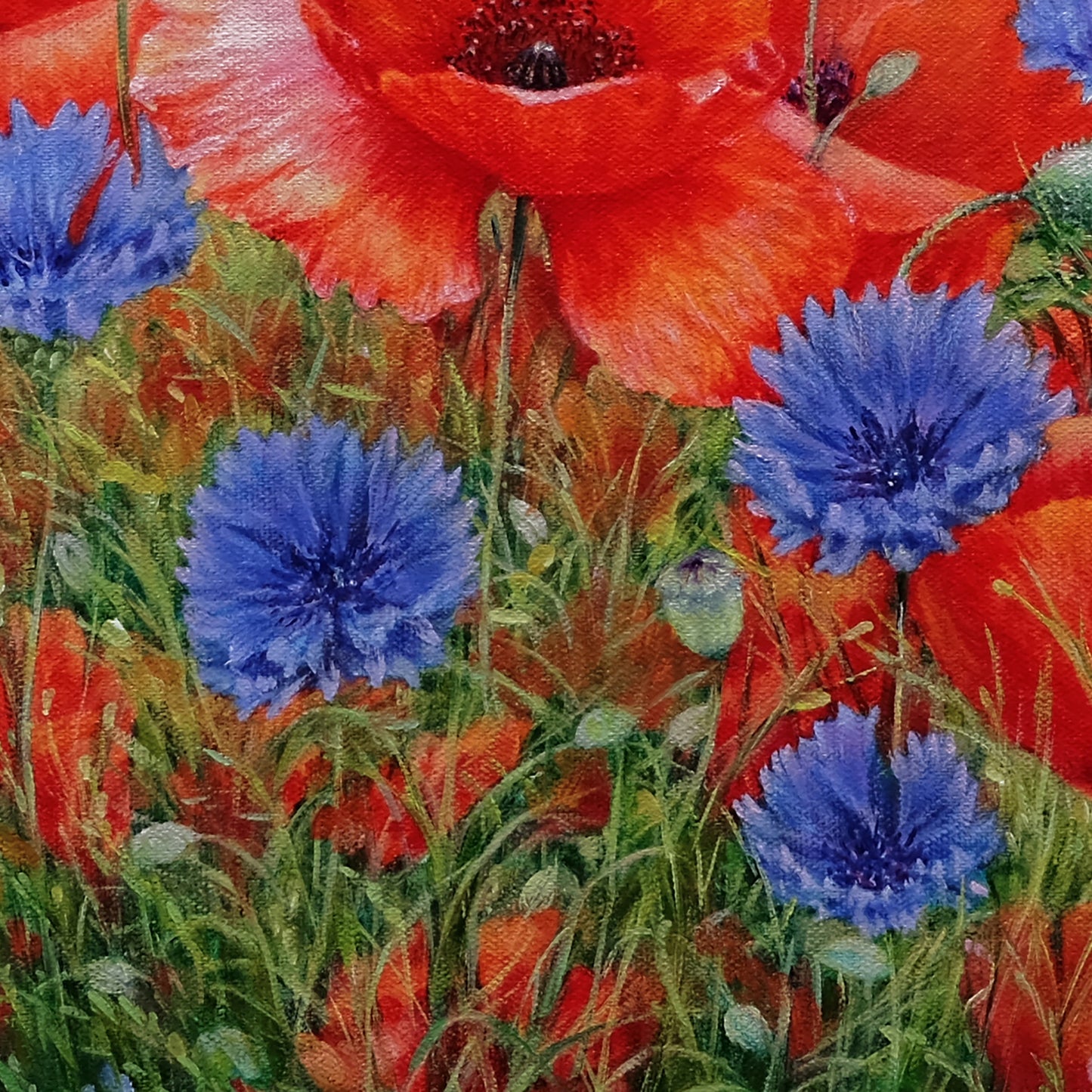Anastasia Woron: "Poppies with Cornflowers" – Original Oil Painting 46x27 cm (2022)