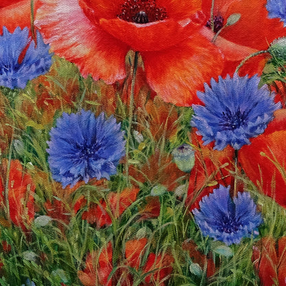 Anastasia Woron: "Poppies with Cornflowers" – Original Oil Painting 46x27 cm (2022)