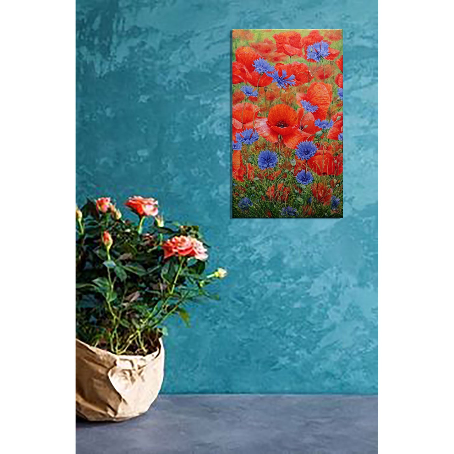 Anastasia Woron: "Poppies with Cornflowers" – Original Oil Painting 46x27 cm (2022)