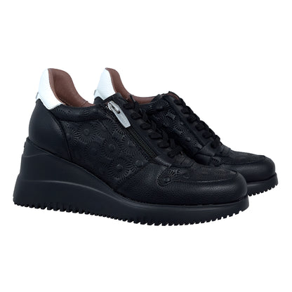 Wonders Rainbow – Women's Black Leather Wedge Trainers: E-6611