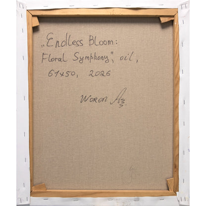 Reverso del original Endless Bloom: Floral Symphony con título, óleo, medidas 61 por 50 cm, 2026 y firma