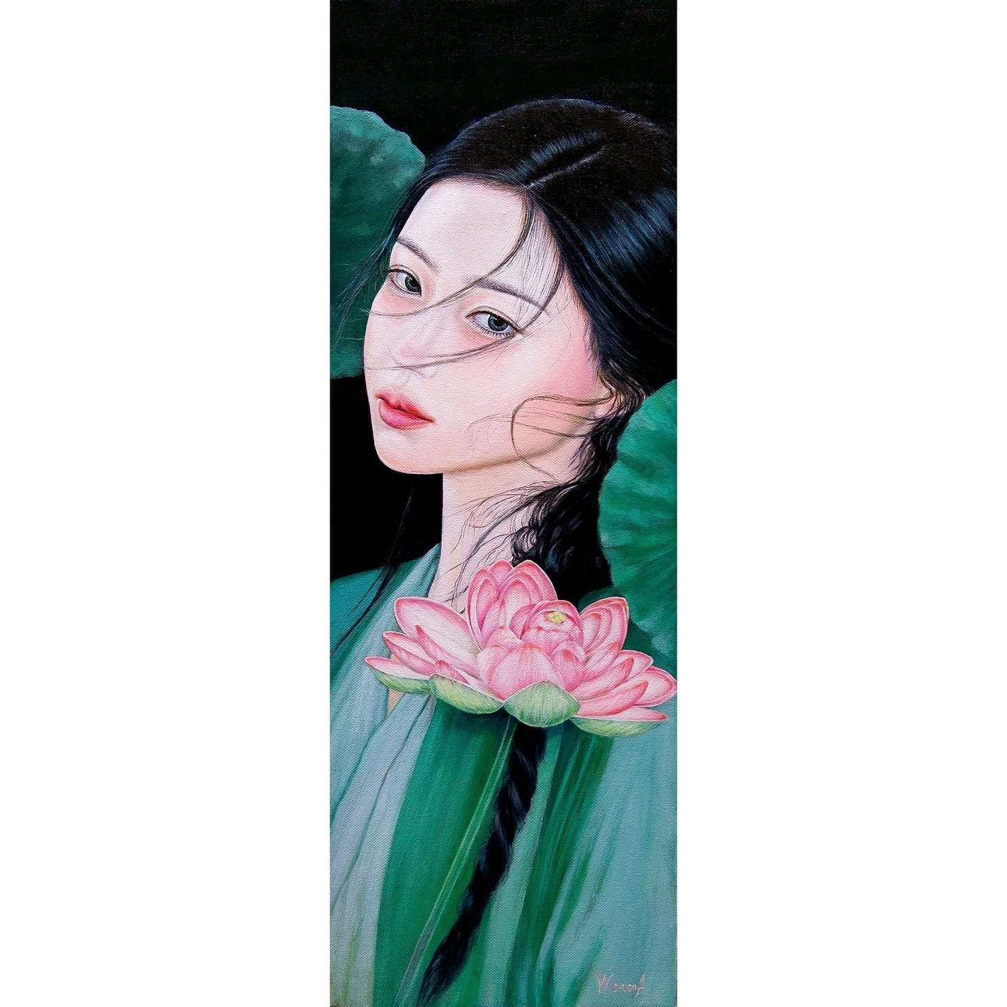 Anastasia Woron “The Guardian of the Lotus” – Óleo Original Firmado 60×20 cm (2026)