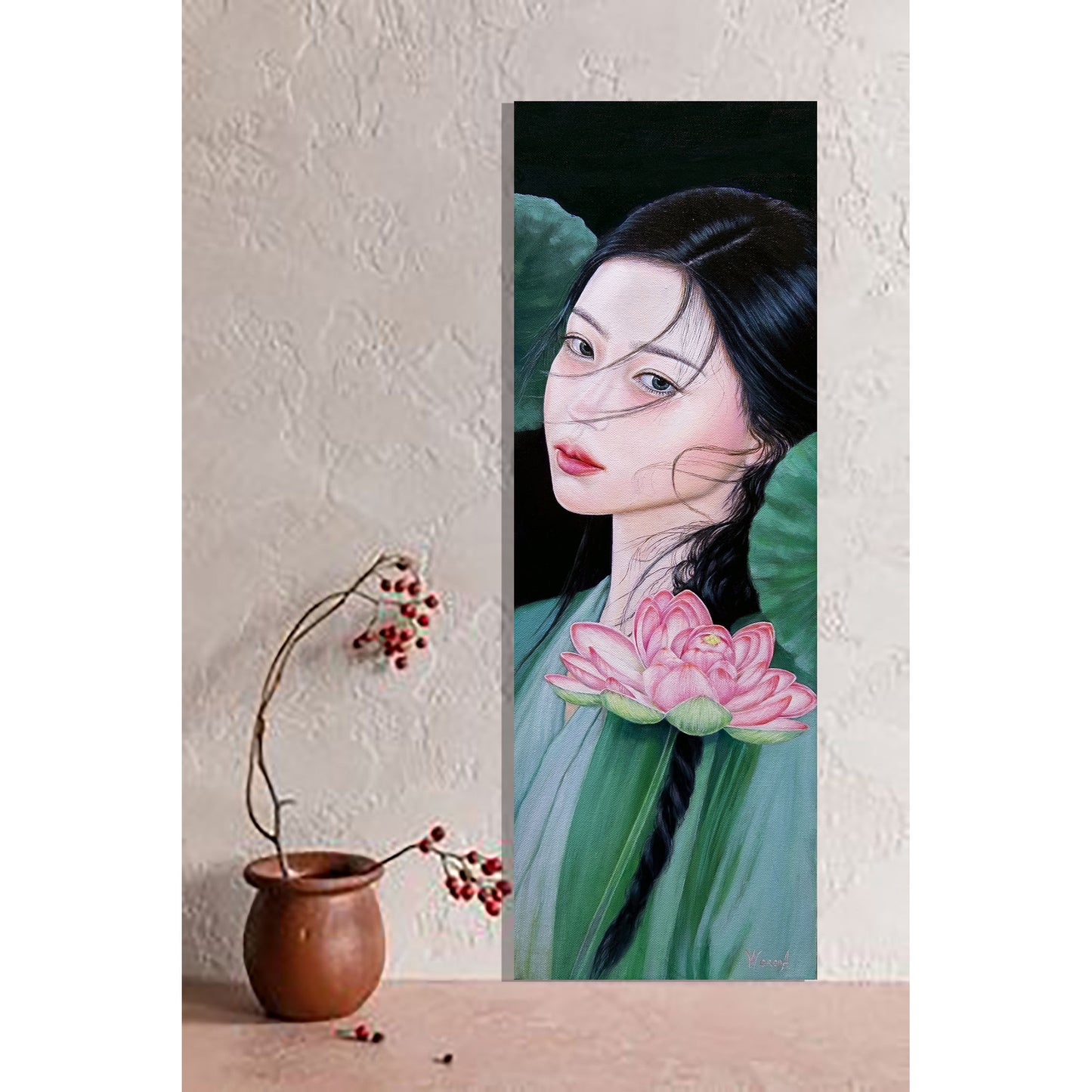 Anastasia Woron “The Guardian of the Lotus” – Óleo Original Firmado 60×20 cm (2026)