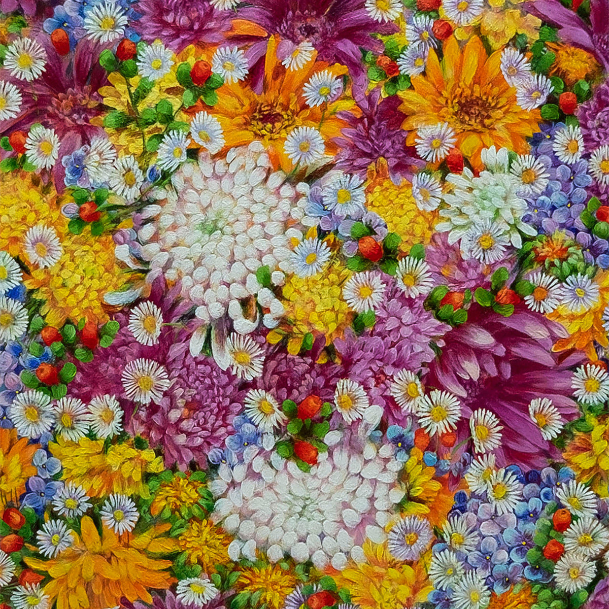 Detalle de la pintura Endless Bloom: Quiet Abundance, flores amarillas y blancas