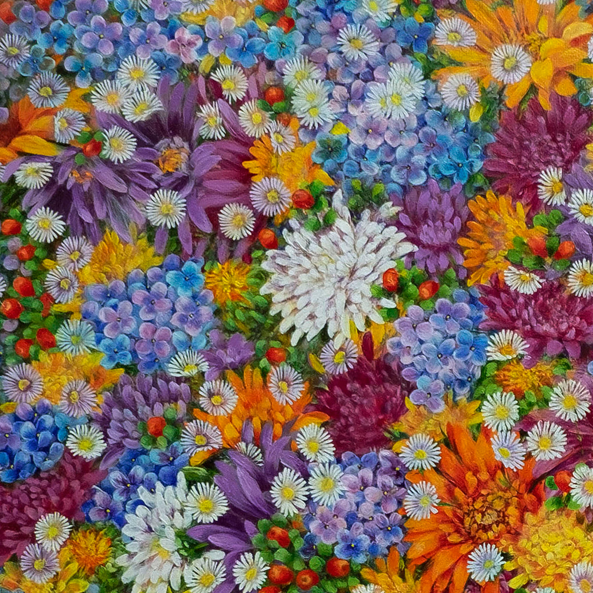 Detalle de Endless Bloom: Quiet Abundance con flores azules, lilas y blancas