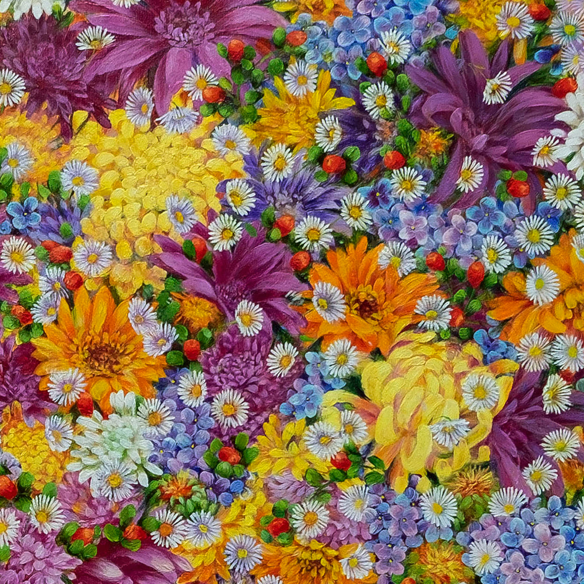 Detalle de Endless Bloom: Quiet Abundance con flores magenta, naranjas y amarillas