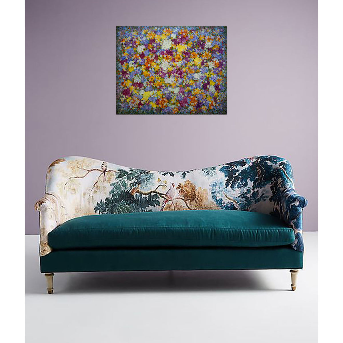 Vista de ambientación de Endless Bloom: Quiet Abundance en un salón de pared clara