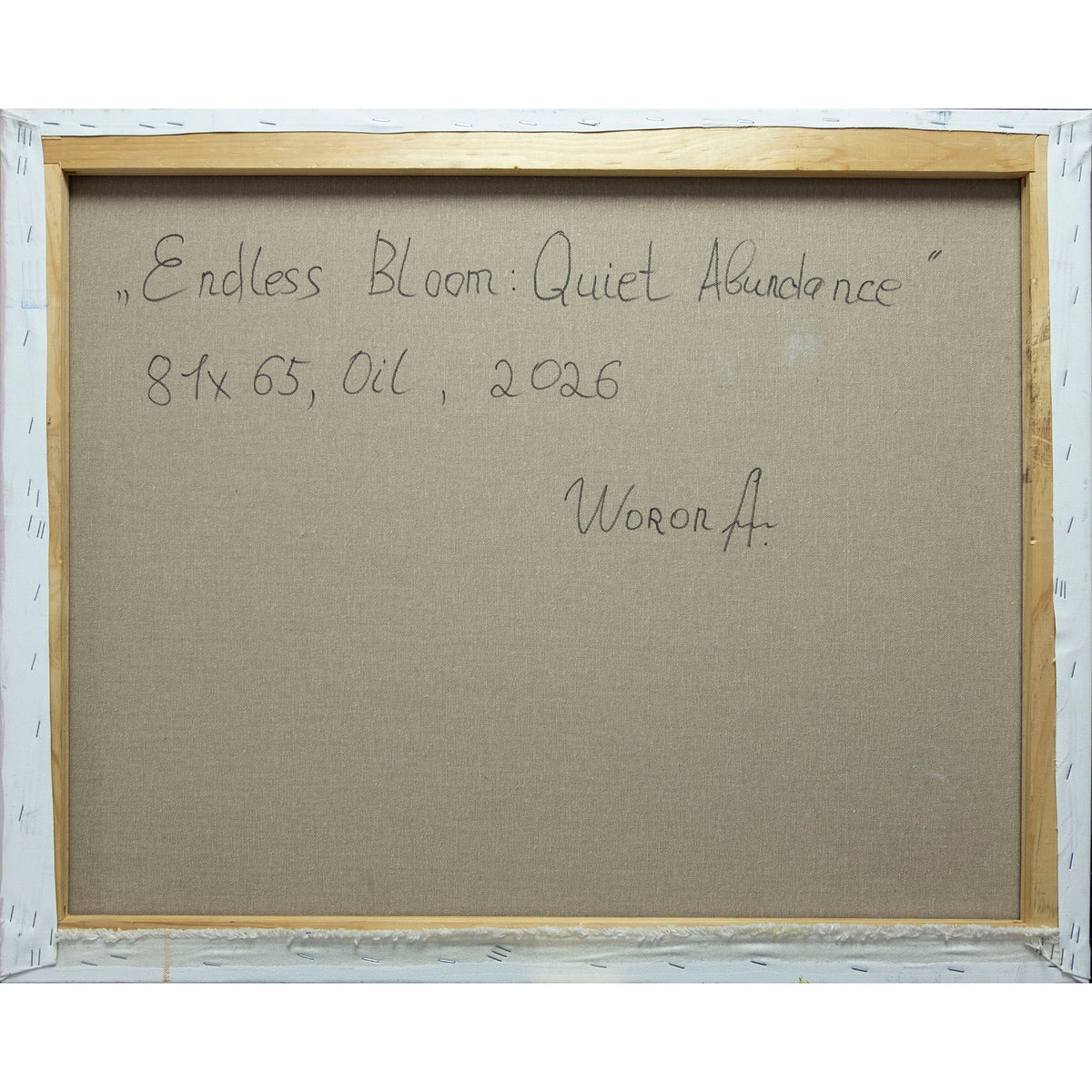 Reverso de Endless Bloom: Quiet Abundance, título, medidas, técnica, año y firma manuscritos