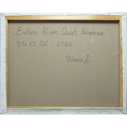 Reverso de Endless Bloom: Quiet Abundance, título, medidas, técnica, año y firma manuscritos