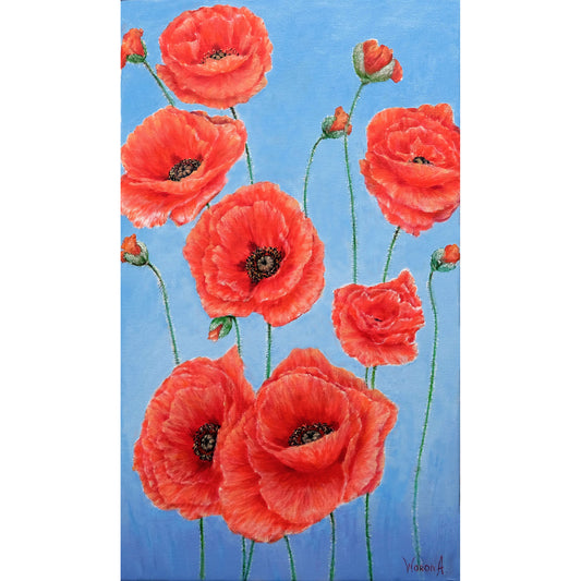Anastasia Woron: “Poppies on blue.” – Olio originale 46×27 cm (2022) – immagine 1