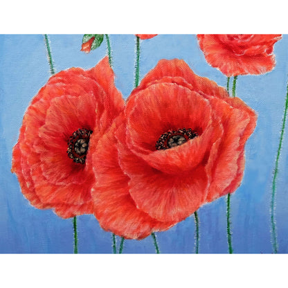 Detalle del óleo Poppies on blue de Anastasia Woron: pétalos de amapolas rojas en primer plano