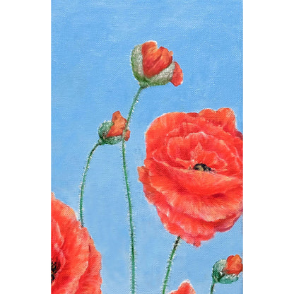 Detalle de Poppies on blue con capullos de amapolas y flor roja sobre fondo azul cielo
