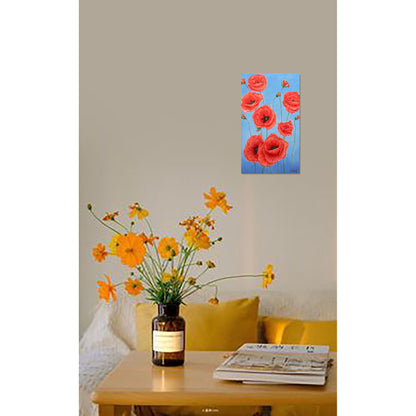 Ambientación de Poppies on blue en salón luminoso con flores amarillas; obra original sobre bastidor