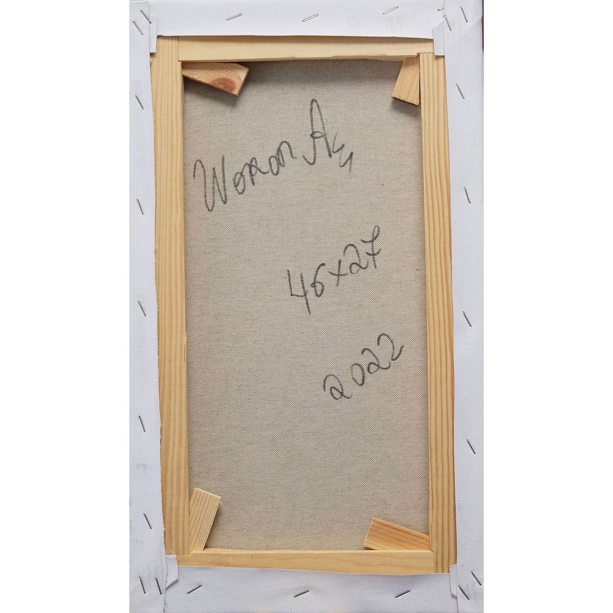 Reverso del cuadro Poppies on blue de Anastasia Woron, con bastidor de madera, firma, medidas 46 x 27 cm y año 2022