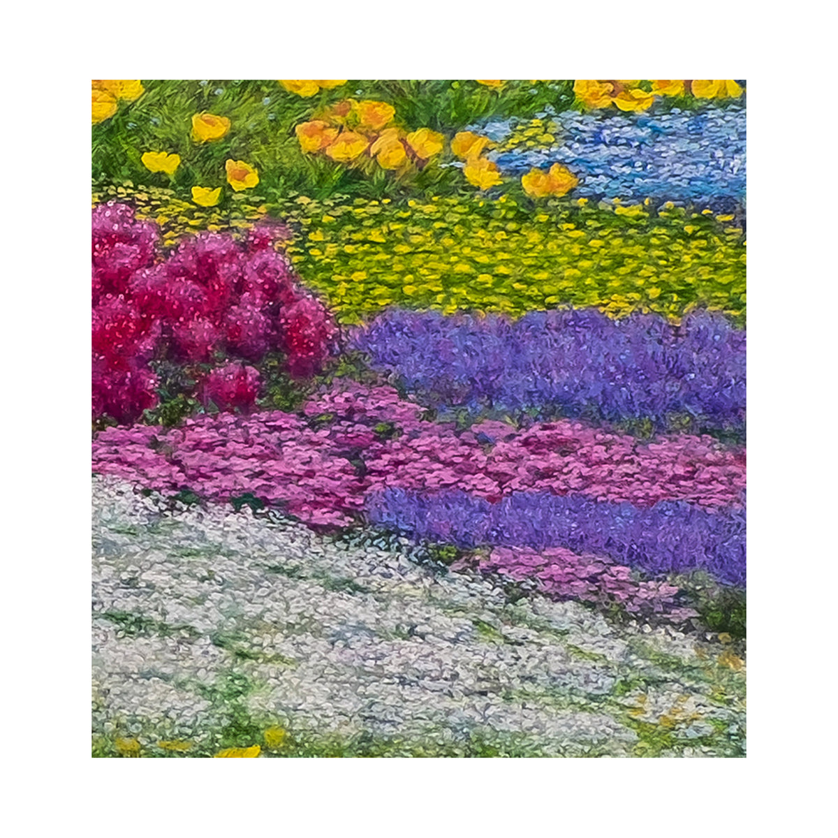 Detalle de Endless Bloom: Floral Symphony: franjas de flores lilas, azules y amarillas