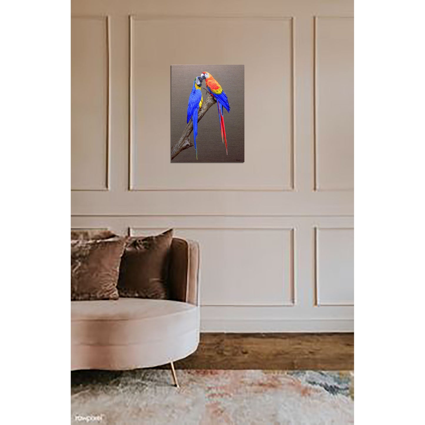 Anastasia Woron: "Two Macaws in Love" – Oil 73x54 cm (2022)