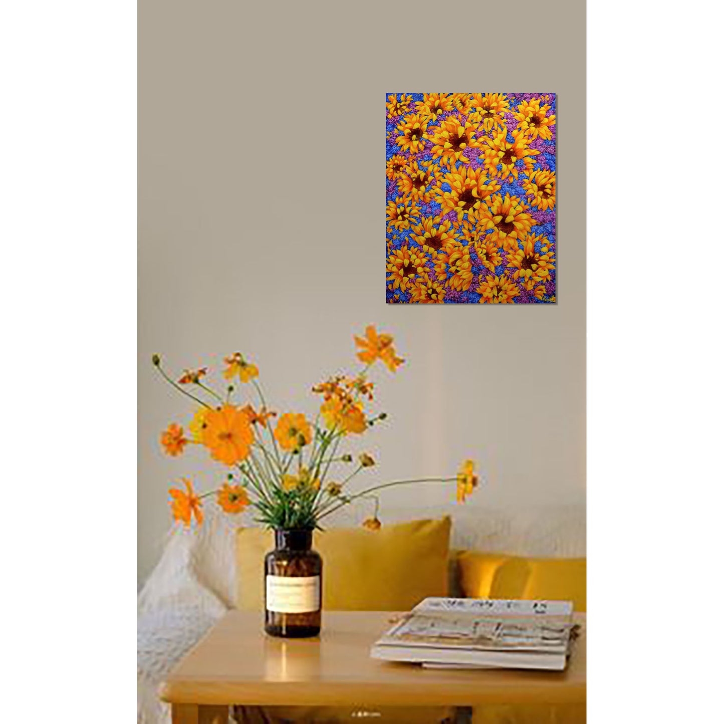 Anastasia Woron: "Girasoles con Lilas" – Óleo 40x50 cm (2022)