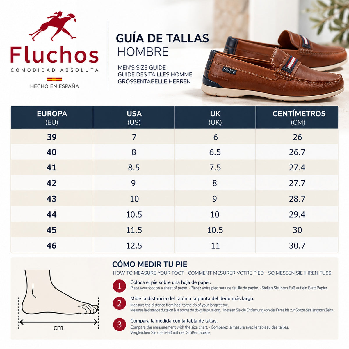 Guía de tallas Fluchos hombre - equivalencias EU USA UK y centímetros