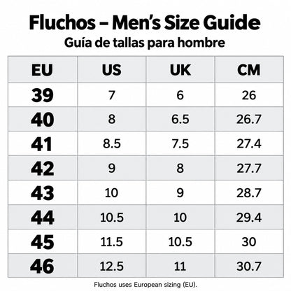 Guía de tallas Fluchos hombre - equivalencias de tallas